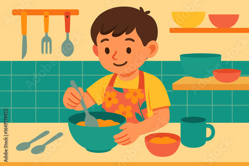 A young male learning to prepare meals in a domestic setting is depicted in an entertaining and interactive visual representation of acquiring cooking abilities