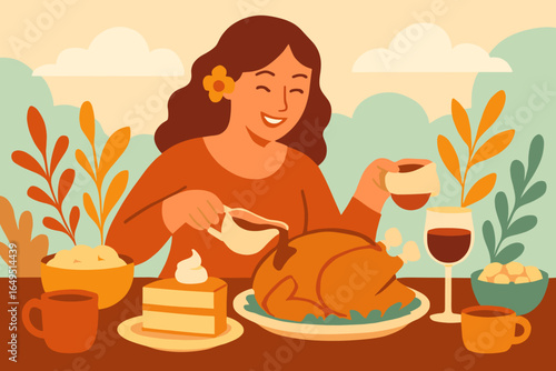 Preparing a roasted turkey for a Thanksgiving dinner at home with family