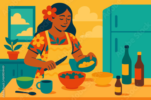 A man is depicted cooking a croissant in a kitchen, shown as a vector flat illustration, where a male character is kneading dough with flour on a table isolated on a white background, preparing