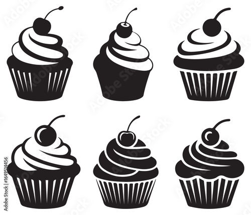 Set of black cupcakes, muffin logo. Pastry shop logo. Vector illustrations isolated on white background. Can be used as icon, sign or symbol cupcake silhouette, cake, sweet pastries, muffin.