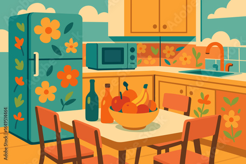 Flat vector illustration of a faceless African American woman and girl chopping vegetables while cooking at home in a kitchen interior with a horizontal banner and copy space