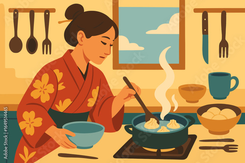 A woman is preparing traditional steamed buns in the comfort of her minimalist-style home