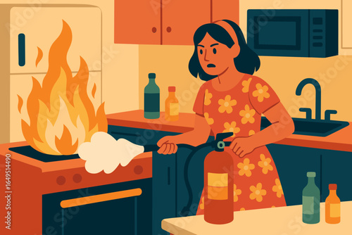 Flat vector illustration of a woman using a fire extinguisher in the kitchen to put out a burning pot, representing accident prevention and fire safety at home