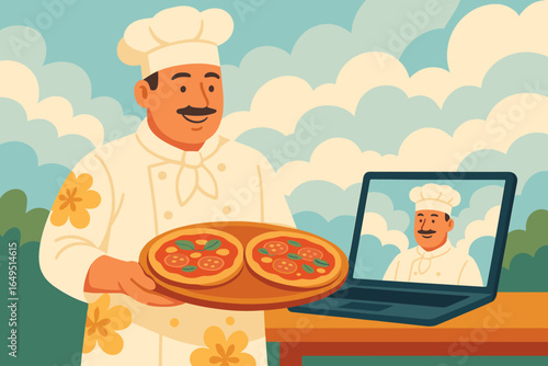 Young guy in cap in kitchen with dough in his hands, housework, character watching video on smartphone, online courses and recipe for cooking, cooks at home, cartoon flat vector illustration