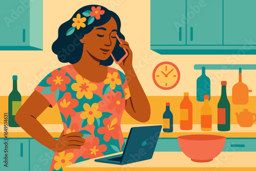 Illustration of a woman multitasking, cooking while working from home in a combined concept
