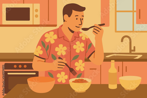 A man in his kitchen cooks vegetables with the guidance of an online recipe on his tablet, utilizing distance learning from chef courses