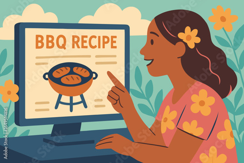 A young woman wearing a casual black top is browsing various BBQ recipes on her computer at home, focusing on a specific selection
