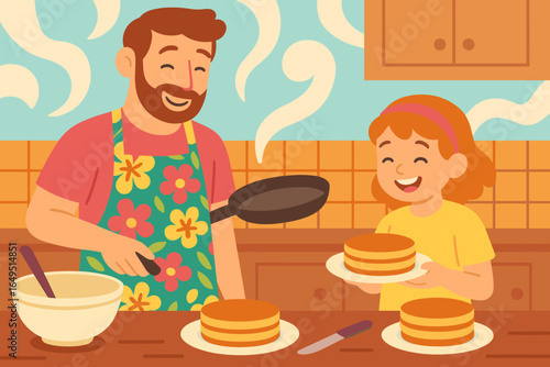 A happy father and son are cooking pancakes together in their kitchen at home, representing joyful fatherhood and a surprise for mom through their joint activity