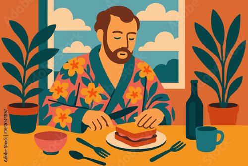 A man is spreading jam on his toast as he prepares to enjoy his morning breakfast at home