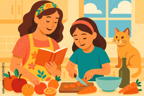 Young man and woman prepare a healthy salad together in their home kitchen, using a culinary book with a recipe, as depicted in a flat vector illustration isolated on a white background