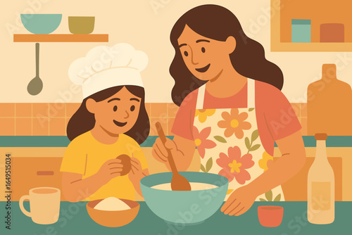A mother in her 30s and her adorable 6-year-old daughter prepare homemade buns together in the kitchen, smiling as they cook and enjoy making dessert at home