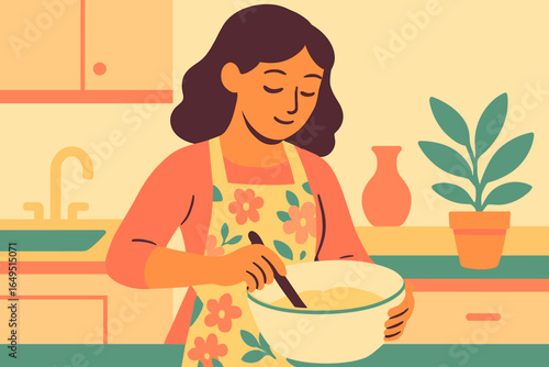 Overwhelmed female cartoon character wearing an apron, expressing sadness, frustration, and irritation while cooking at home, symbolizing the exhaustion of domestic chores in a vector illustration