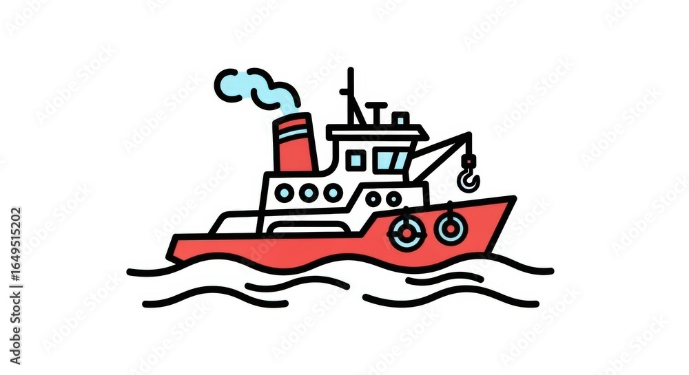 Obraz premium Simple line art illustration of a red tugboat on water.