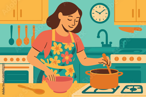 A cheerful woman is cooking at home in her kitchen with a smiling face