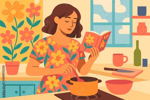 A woman is reading a cookbook as she cooks a meal, surrounded by a pot, spoon, and salad that are on the counter at her home