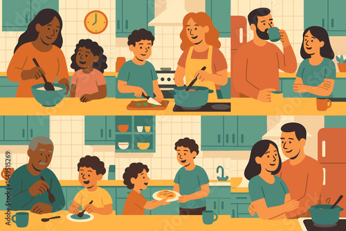 A happy family, including parents and children, and a smiling couple, are preparing a meal together in their kitchen, with a man and woman wearing aprons, surrounded by vegetables, dough, and other