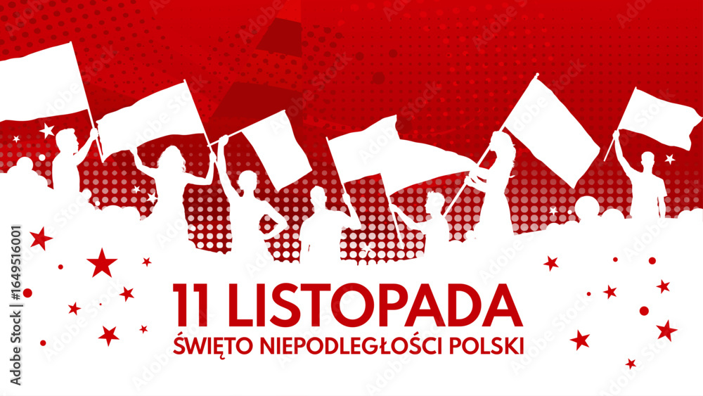 Święto Niepodległości Polski – 11 listopada, patriotyczny baner z flagami Święto Niepodległości Polski – 11 listopada, patriotyczny baner z flagami