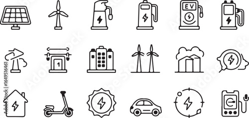 Collection of eco friendly icons representing sustainable energy electric vehicles renewable resources and green city concepts in a simple black and white line art style