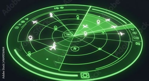 Futuristic radar screen displays multiple targets in a glowing green interface.