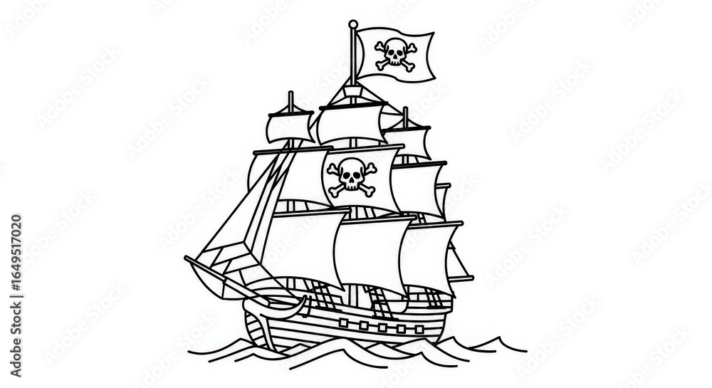 Fototapeta premium Black and white line drawing of a majestic pirate ship sailing on the ocean.