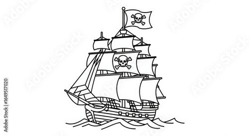 Black and white line drawing of a majestic pirate ship sailing on the ocean.