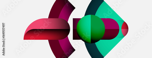 Abstract shapes overlap, creating vibrant color gradients. Composition feels modern, dynamic, visually interesting. Smooth transitions define forms.