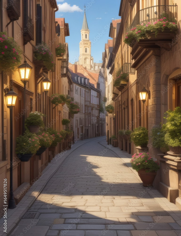 Fototapeta premium Sunny European Alley with a Towering Spire in the Distance