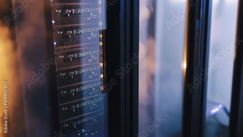 Close-up of server racks with illuminated components