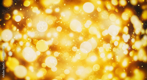 Abstract image of golden bokeh lights creating a festive and magical atmosphere with blurred circles of light.