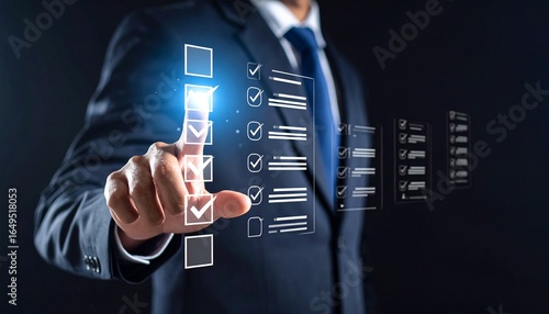 A scene where a man in a suit selects from a virtual checklist floating in the air