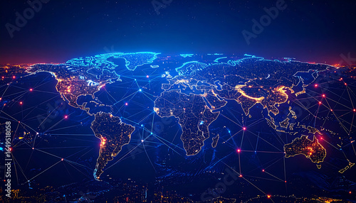 Global communication network over a world map at night.