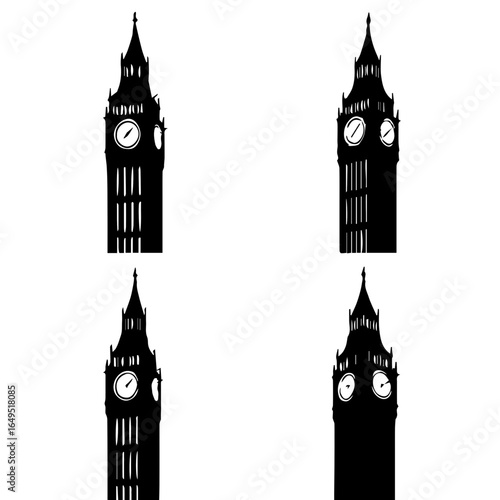 Big Ben silhouette collection on a plain setting, showcasing iconic architecture and British landmarks, perfect for travel and cultural themes