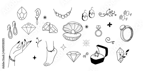 Jewelry design line art set,Cute jewelry background design set,Design element for jewelry,neck less,ring,earring Hand drawn icon illustration. pearl and bg decoration collection. 