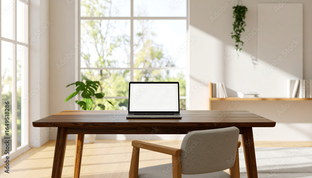 Fototapeta premium Modern Home Office with Laptop and Window View.