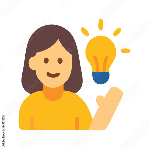 Woman smiles with a bright lightbulb illustrating an idea or inspiration. Suitable for creative concept, innovation, motivation, and brainstorming themes.