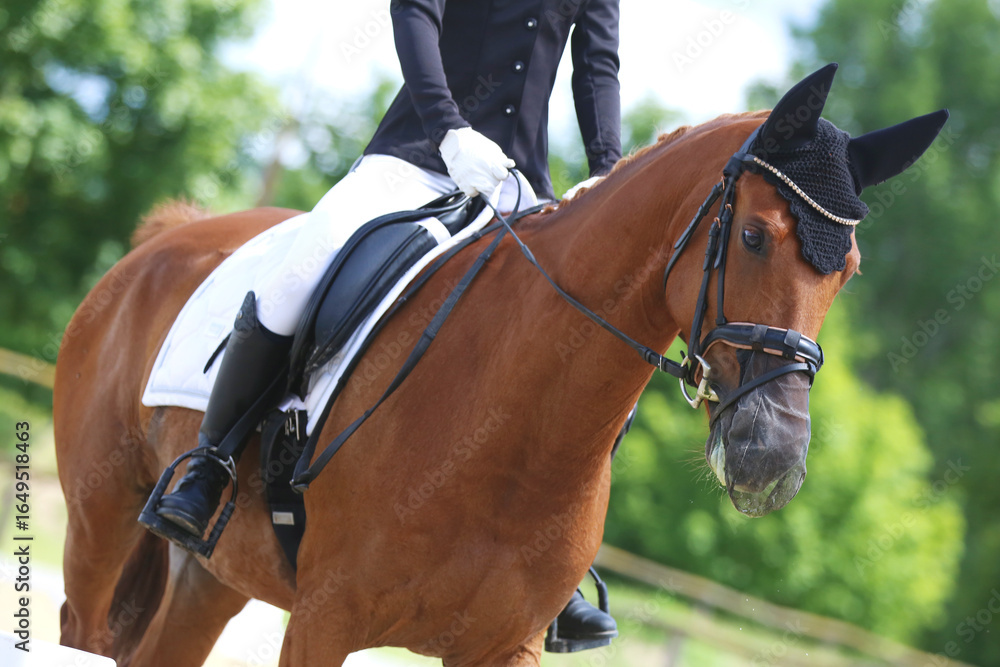 Obraz premium Close-up of a dressage horse under saddle at a summer competition. Beautiful quality leather saddle