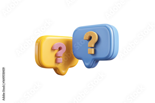 Two yellow and blue 3d speech bubbles with question marks isolated on transparent background