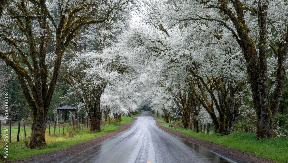 Fototapeta premium A wet road lined with blossoming trees