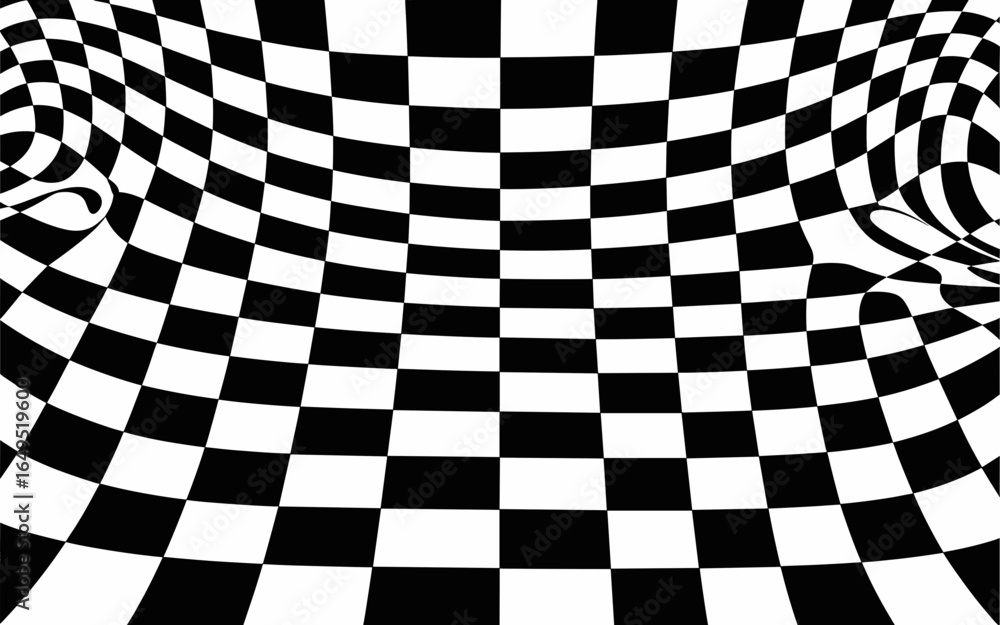 Fototapeta premium Abstract black and white checkered pattern with a warped and distorted optical illusion effect creating a sense of depth