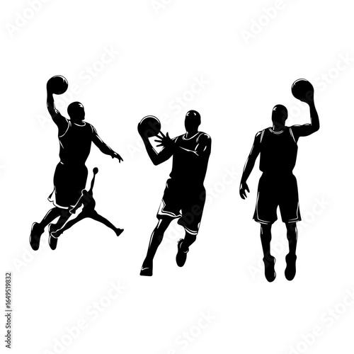 Basketball players silhouettes in action, dynamic poses for sports advertising and promotional materials, showcasing athleticism and competitive spirit