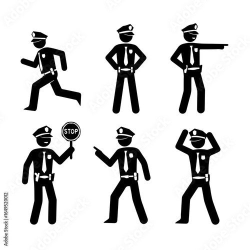 Police officers in various poses, including running, directing traffic