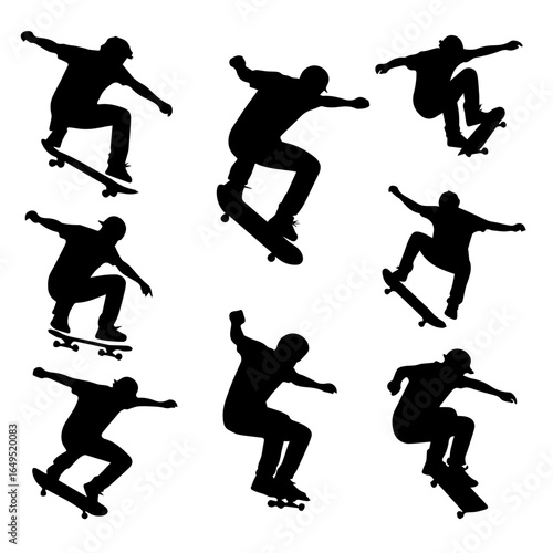 Skateboarders silhouettes performing tricks, jumping and riding, representing urban sports