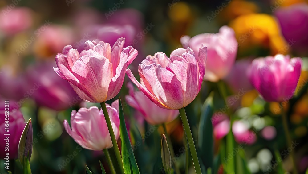 Fototapeta premium Delicate pink tulips in bloom. Sunlight highlights the ruffled petals of several blossoms amidst a bed of tulips in various shades of pink and purple