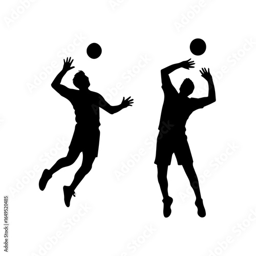 Volleyball players silhouettes in action, jumping and spiking the ball, representing teamwork