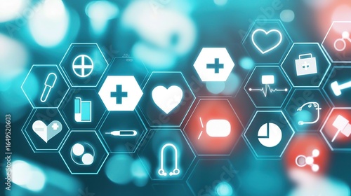 Abstract Medical Technology Background with Health Icons, Blue Hexagon Pattern for Modern Hospital Concept 
