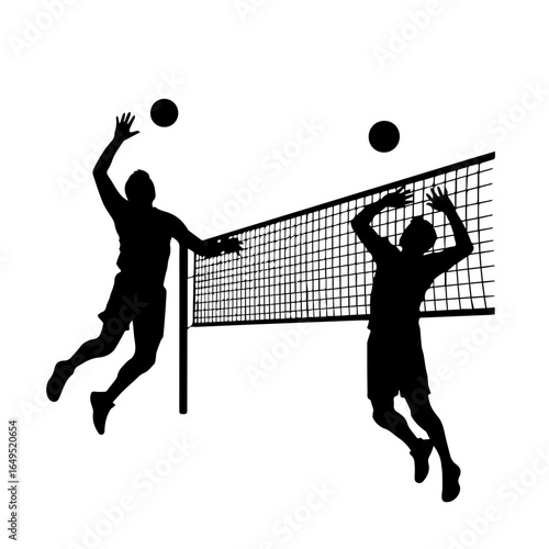 Volleyball players spiking and blocking the ball over the net in a competitive match, showcasing teamwork, athleticism