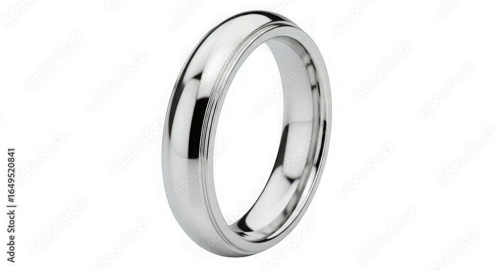 Fototapeta premium Simple elegant polished silver wedding band ring against black background