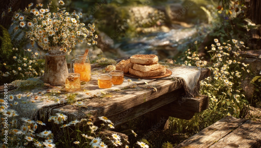 Obraz premium Rustic picnic table laden with treats and flowers. Sunlight filters through trees in a lush forest setting. 