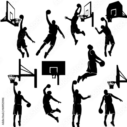 Basketball players silhouettes in action, performing slam dunks and shooting, dynamic sports vector graphics for team branding and athletic event promotions