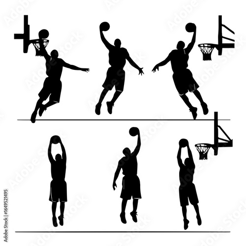 Basketball player silhouettes in action, showcasing athleticism and sportsmanship, perfect for sports-themed designs and promotional materials.